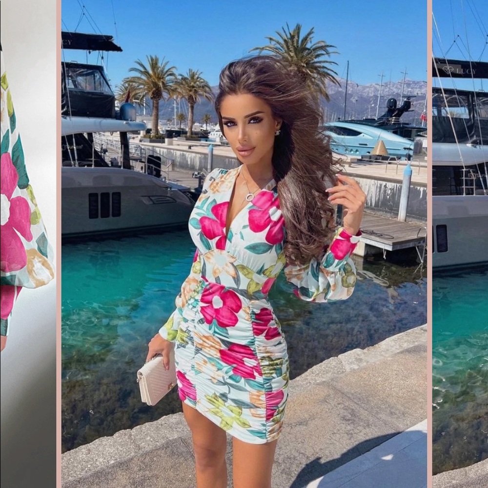 Mint floral balloon sleeve ruched dress